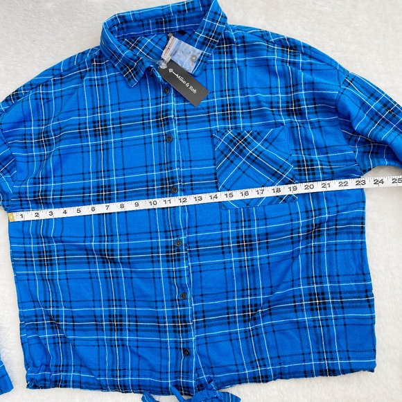 Allie&Rob Women's Long Sleeve Button-Up Drawstring Shirt, Blue Plaid, Size XL - Picture 3 of 8